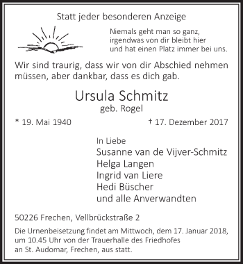 Anzeige von Ursula Schmitz von  Wochenende 