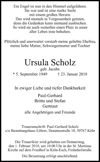 Anzeige von Ursula Scholz von Kölner Stadt-Anzeiger / Kölnische Rundschau / Express
