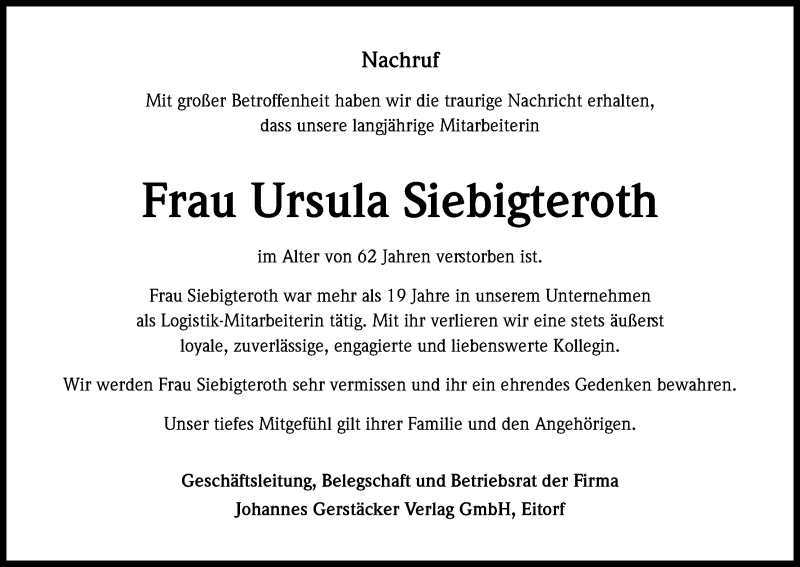  Traueranzeige für Ursula Siebigteroth vom 17.01.2018 aus Kölner Stadt-Anzeiger / Kölnische Rundschau / Express