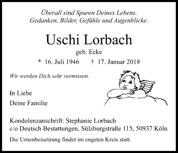 Anzeige von Uschi Lorbach von Kölner Stadt-Anzeiger / Kölnische Rundschau / Express