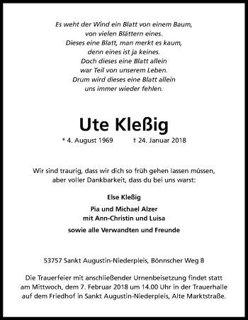 Anzeige von Ute Kleßig von Kölner Stadt-Anzeiger / Kölnische Rundschau / Express