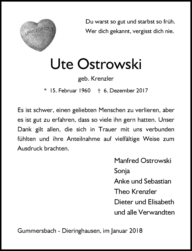  Traueranzeige für Ute Ostrowski vom 17.01.2018 aus  Anzeigen Echo 