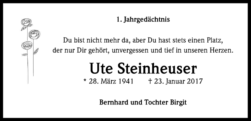  Traueranzeige für Ute Steinheuser vom 23.01.2018 aus Kölner Stadt-Anzeiger / Kölnische Rundschau / Express