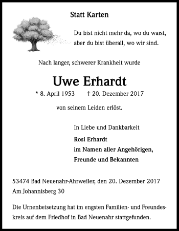 Anzeige von Uwe Erhardt von Kölner Stadt-Anzeiger / Kölnische Rundschau / Express