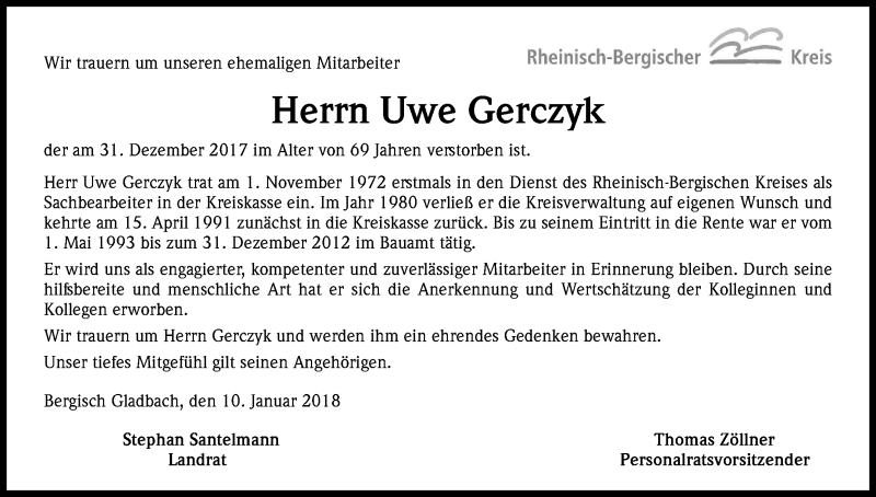  Traueranzeige für Uwe Gerczyk vom 20.01.2018 aus Kölner Stadt-Anzeiger / Kölnische Rundschau / Express