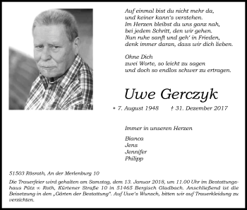 Anzeige von Uwe Gerczyk von Kölner Stadt-Anzeiger / Kölnische Rundschau / Express