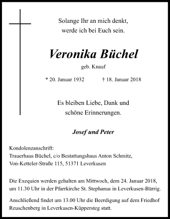 Anzeige von Veronika Büchel von Kölner Stadt-Anzeiger / Kölnische Rundschau / Express