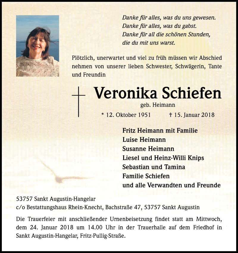  Traueranzeige für Veronika Schiefen vom 20.01.2018 aus Kölner Stadt-Anzeiger / Kölnische Rundschau / Express