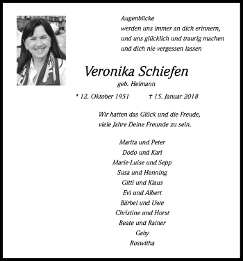 Anzeige von Veronika Schiefen von Kölner Stadt-Anzeiger / Kölnische Rundschau / Express
