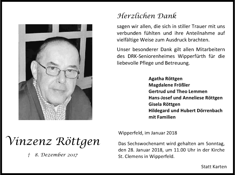  Traueranzeige für Vinzenz Röttgen vom 20.01.2018 aus Kölner Stadt-Anzeiger / Kölnische Rundschau / Express
