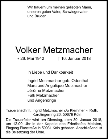 Anzeige von Volker Metzmacher von Kölner Stadt-Anzeiger / Kölnische Rundschau / Express