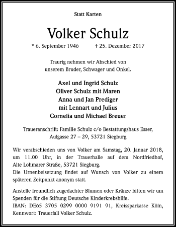 Anzeige von Volker Schulz von Kölner Stadt-Anzeiger / Kölnische Rundschau / Express