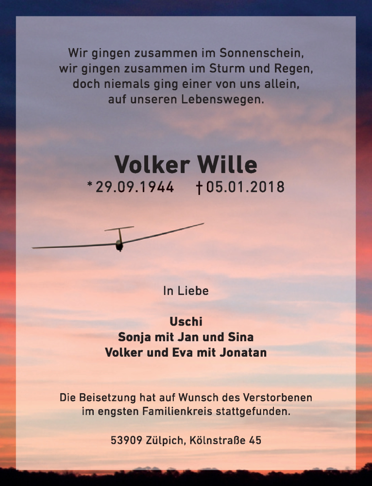  Traueranzeige für Volker Wille vom 20.01.2018 aus  Blickpunkt Euskirchen 