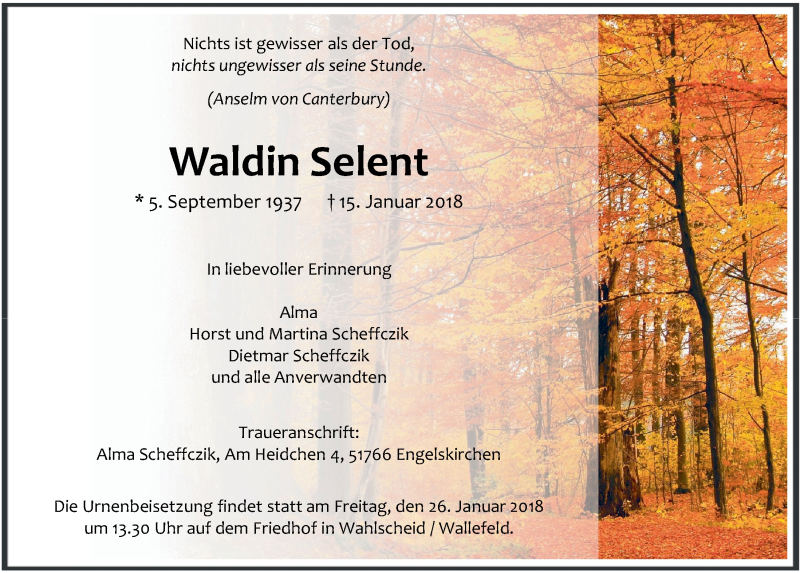  Traueranzeige für Waldin Selent vom 24.01.2018 aus  Anzeigen Echo 