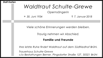 Anzeige von Waldtraut Schulte-Grewe von Kölner Stadt-Anzeiger / Kölnische Rundschau / Express
