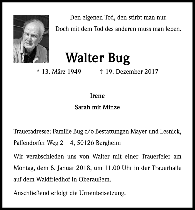  Traueranzeige für Walter Bug vom 03.01.2018 aus Kölner Stadt-Anzeiger / Kölnische Rundschau / Express