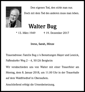 Anzeige von Walter Bug von Kölner Stadt-Anzeiger / Kölnische Rundschau / Express