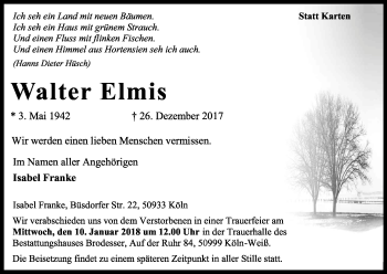 Anzeige von Walter Elmis von Kölner Stadt-Anzeiger / Kölnische Rundschau / Express