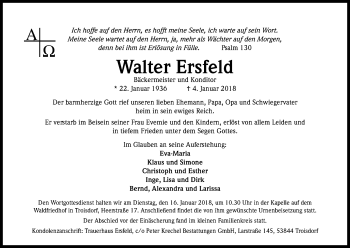 Anzeige von Walter Ersfeld von Kölner Stadt-Anzeiger / Kölnische Rundschau / Express