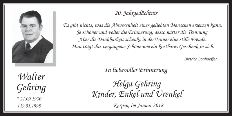  Traueranzeige für Walter Gehring vom 17.01.2018 aus  Werbepost 