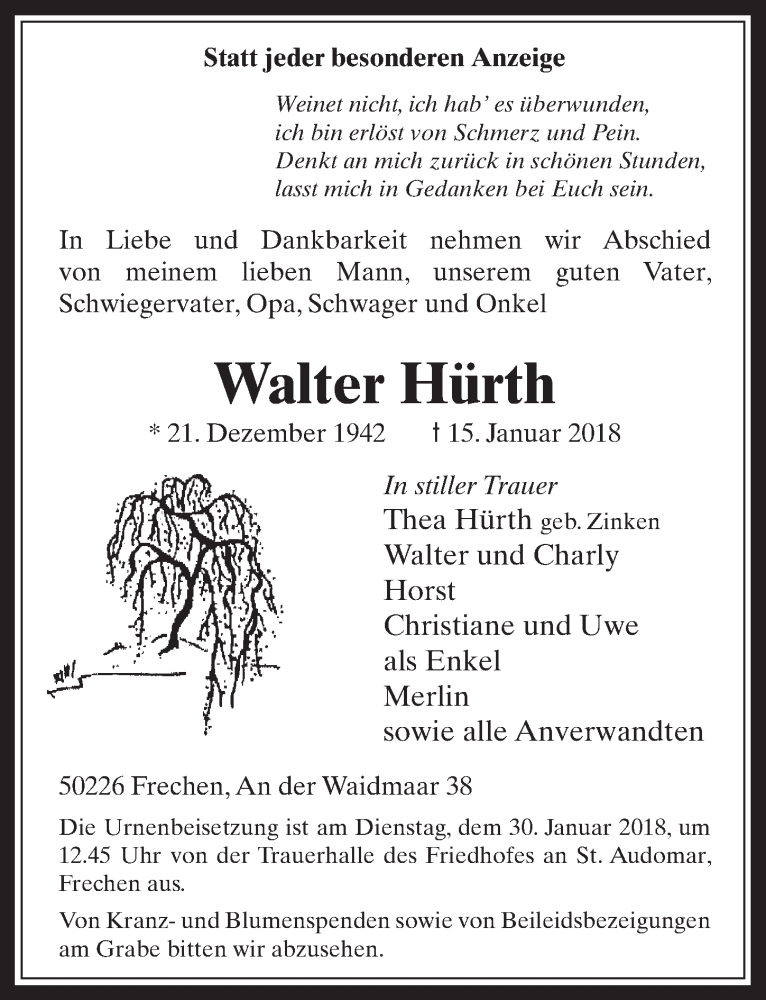  Traueranzeige für Walter Hürth vom 24.01.2018 aus  Wochenende 