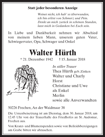 Anzeige von Walter Hürth von  Wochenende 