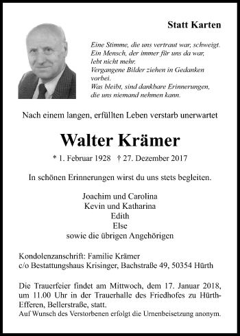 Anzeige von Walter Krämer von Kölner Stadt-Anzeiger / Kölnische Rundschau / Express