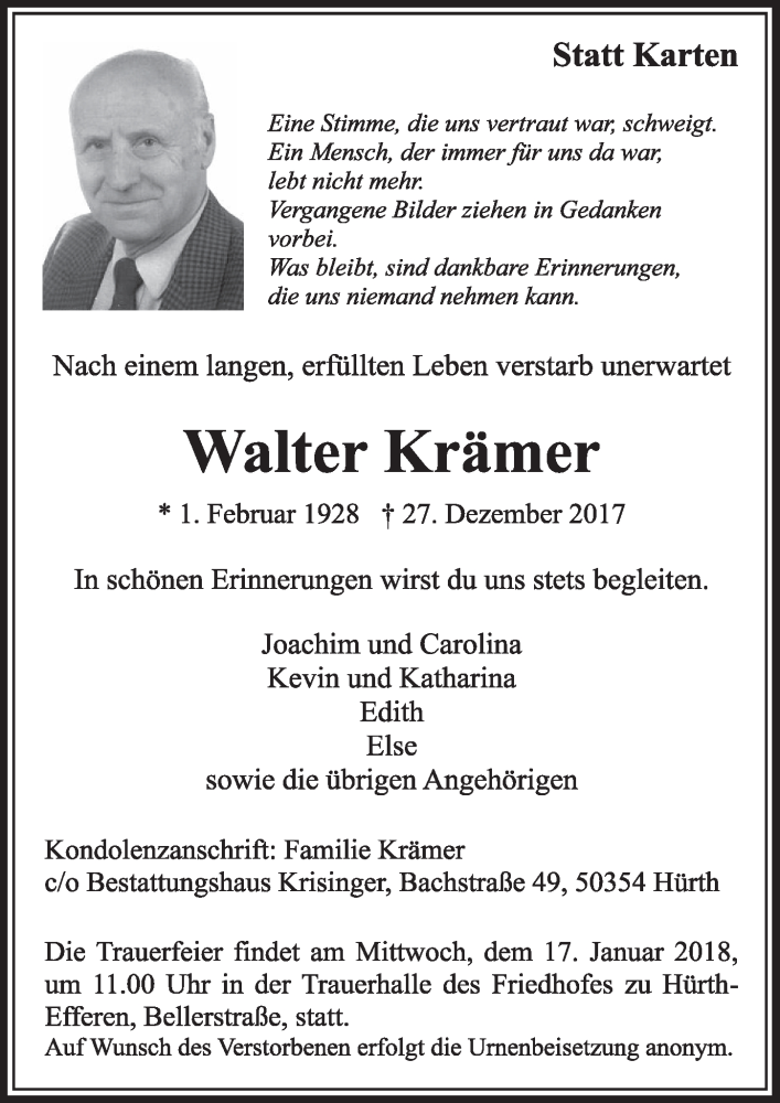  Traueranzeige für Walter Krämer vom 13.01.2018 aus  Sonntags-Post 