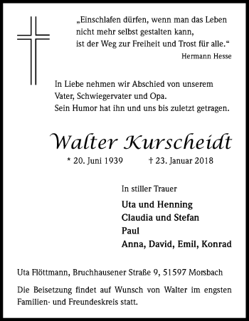 Anzeige von Walter Kurscheidt von Kölner Stadt-Anzeiger / Kölnische Rundschau / Express