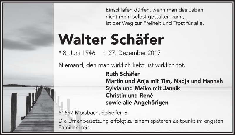  Traueranzeige für Walter Schäfer vom 03.01.2018 aus  Lokalanzeiger 