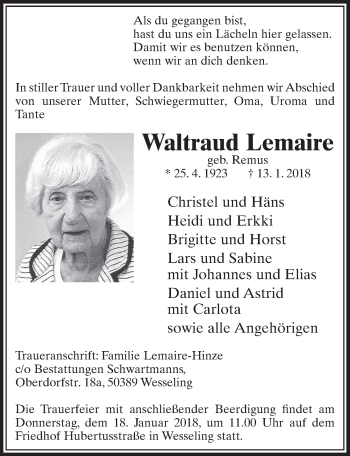 Anzeige von Waltraud Lemaire von  Schlossbote/Werbekurier 