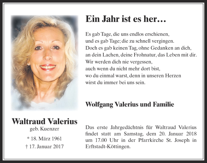  Traueranzeige für Waltraud Valerius vom 17.01.2018 aus  Werbepost 