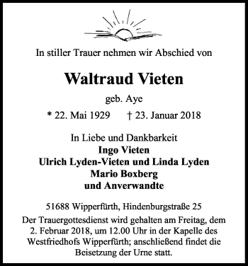 Anzeige von Waltraud Vieten von Kölner Stadt-Anzeiger / Kölnische Rundschau / Express