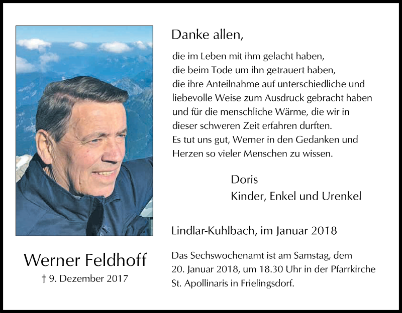  Traueranzeige für Werner Feldhoff vom 13.01.2018 aus Kölner Stadt-Anzeiger / Kölnische Rundschau / Express