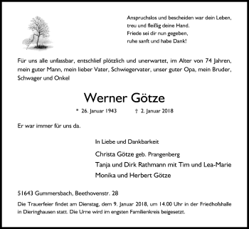 Anzeige von Werner Götze von Kölner Stadt-Anzeiger / Kölnische Rundschau / Express