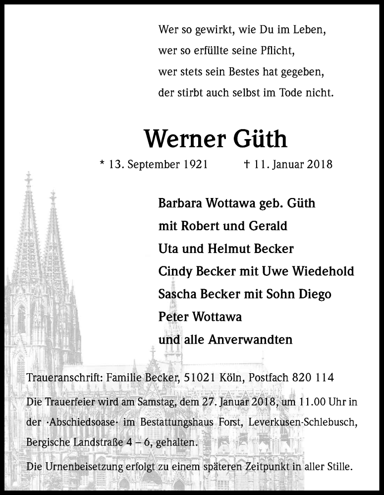  Traueranzeige für Werner Güth vom 20.01.2018 aus Kölner Stadt-Anzeiger / Kölnische Rundschau / Express