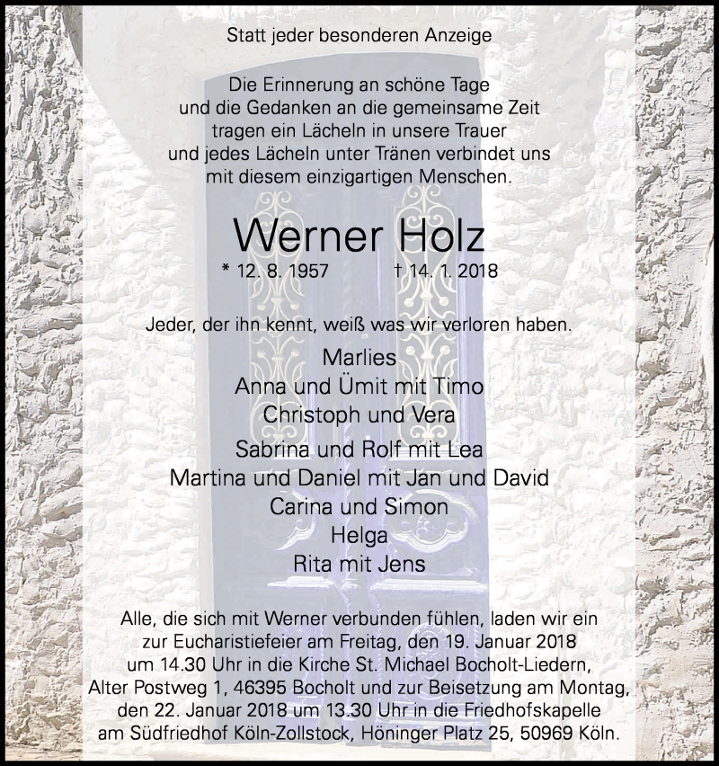 Traueranzeige für Werner Holz vom 17.01.2018 aus Kölner Stadt-Anzeiger / Kölnische Rundschau / Express