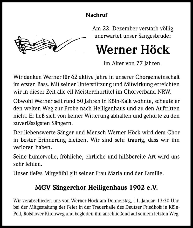  Traueranzeige für Werner Höck vom 08.01.2018 aus Kölner Stadt-Anzeiger / Kölnische Rundschau / Express