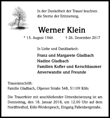 Anzeige von Werner Klein von Kölner Stadt-Anzeiger / Kölnische Rundschau / Express