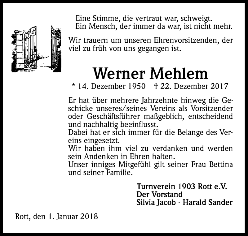  Traueranzeige für Werner Mehlem vom 06.01.2018 aus Kölner Stadt-Anzeiger / Kölnische Rundschau / Express