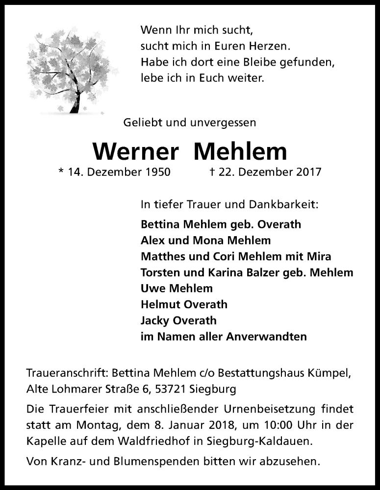  Traueranzeige für Werner Mehlem vom 03.01.2018 aus Kölner Stadt-Anzeiger / Kölnische Rundschau / Express