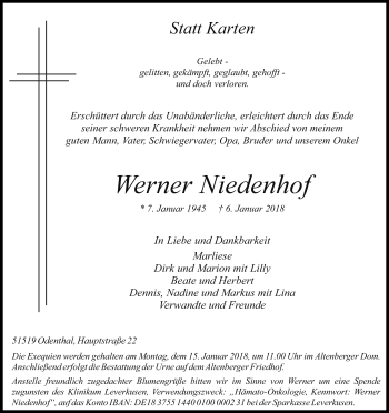 Anzeige von Werner Niedenhof von Kölner Stadt-Anzeiger / Kölnische Rundschau / Express
