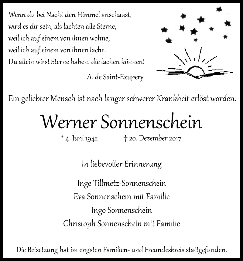  Traueranzeige für Werner Sonnenschein vom 13.01.2018 aus Kölner Stadt-Anzeiger / Kölnische Rundschau / Express