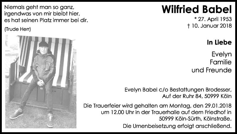  Traueranzeige für Wilfried Babel vom 20.01.2018 aus Kölner Stadt-Anzeiger / Kölnische Rundschau / Express