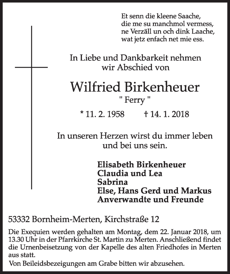  Traueranzeige für Wilfried Birkenheuer vom 17.01.2018 aus  Schlossbote/Werbekurier 