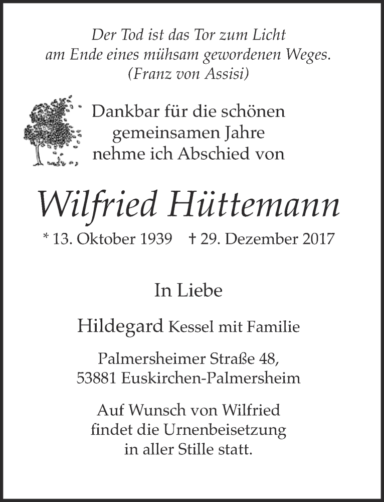  Traueranzeige für Wilfried Hüttemann vom 06.01.2018 aus  Blickpunkt Euskirchen 
