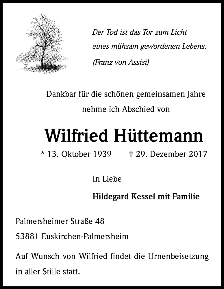  Traueranzeige für Wilfried Hüttemann vom 06.01.2018 aus Kölner Stadt-Anzeiger / Kölnische Rundschau / Express