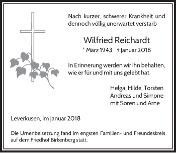 Anzeige von Wilfried Reichardt von  Leverkusener Wochenende 