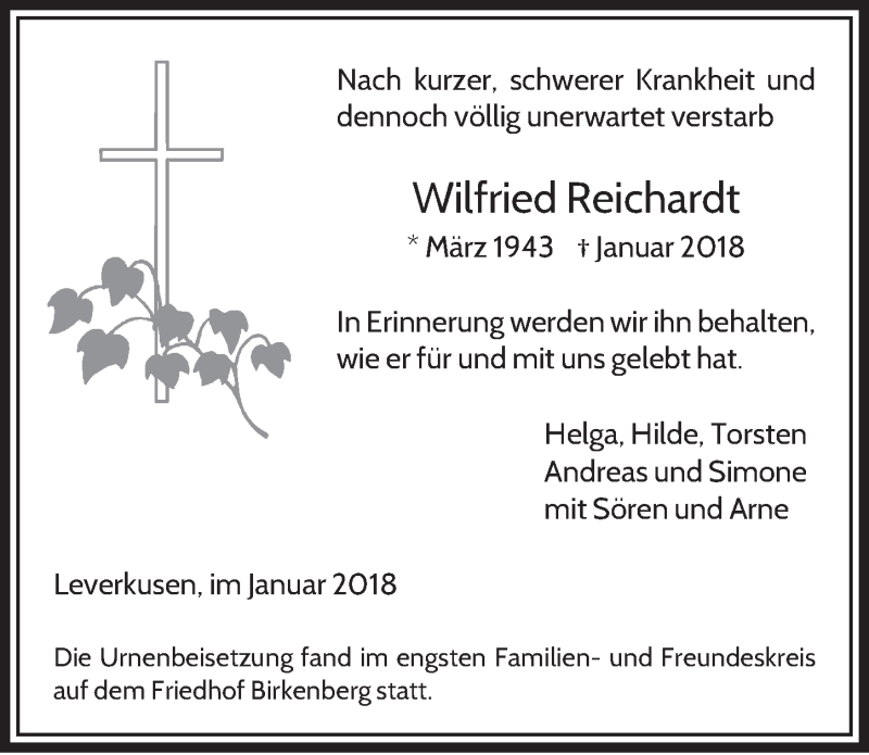  Traueranzeige für Wilfried Reichardt vom 27.01.2018 aus  Leverkusener Wochenende 