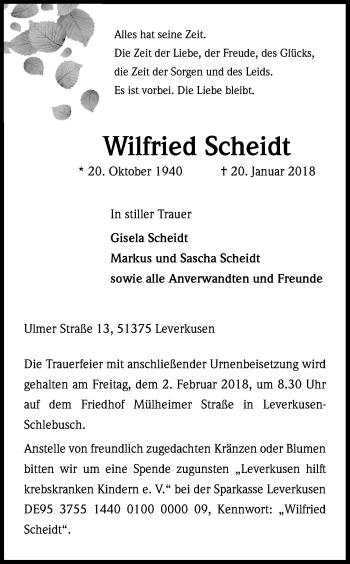 Anzeige von Wilfried Scheidt von Kölner Stadt-Anzeiger / Kölnische Rundschau / Express